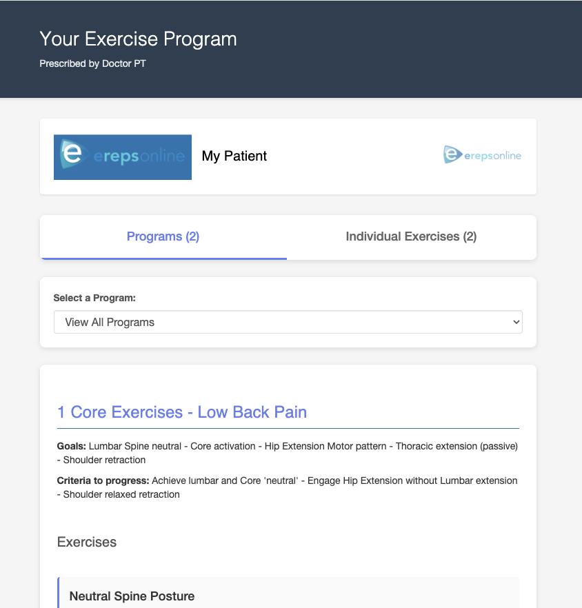 eReps Patient Portal showing a patient's exercise program for Low Back Pain with goals and criteria to progress